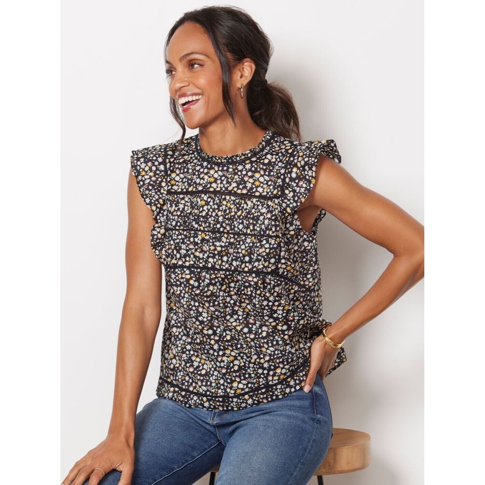 Rails Filomena Lace Inset Top Size XXS Black Floral Pleated Flutter Cap‎ Sleeve